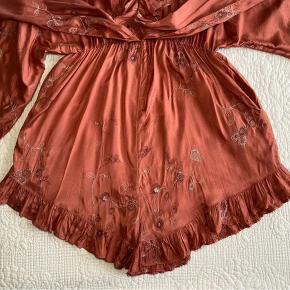 FREE PEOPLE NWT Rose/tyrie Wide Long Sleeve Ruffle V-neck Romper  Small - Picture 6 of 13